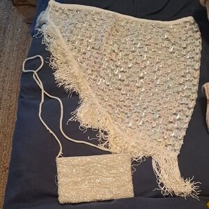 Sequin Fringe Shawl and Purse Set